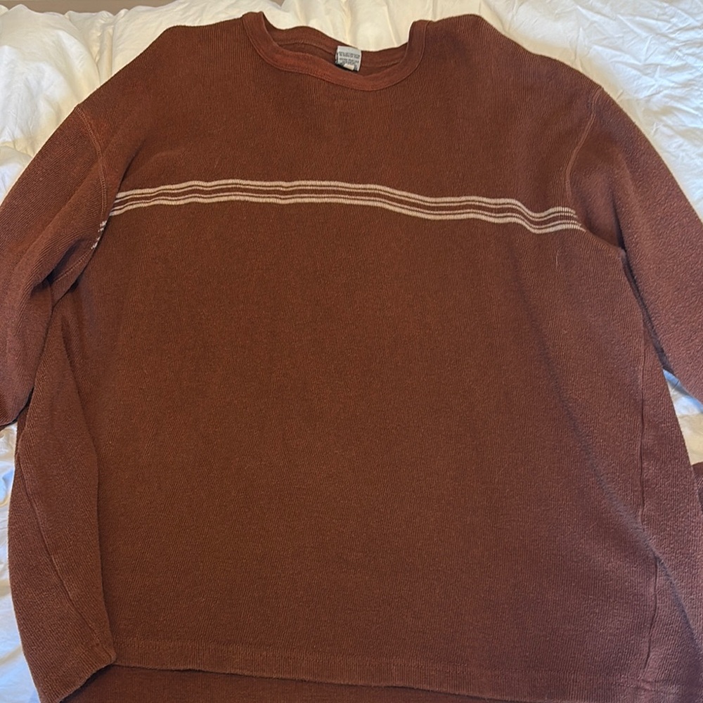 Vintage Old Navy Men's Brown Sweater with Stripe Detail